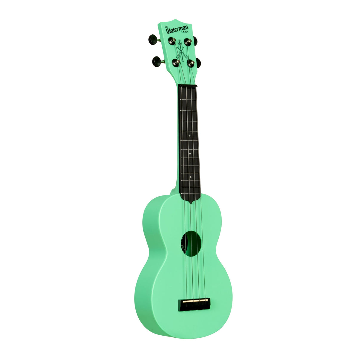 Kala KA-R-WMS-GN-S Sea Foam Green soprano ukulele angled to the right, showing the body edge and Waterman logo headstock