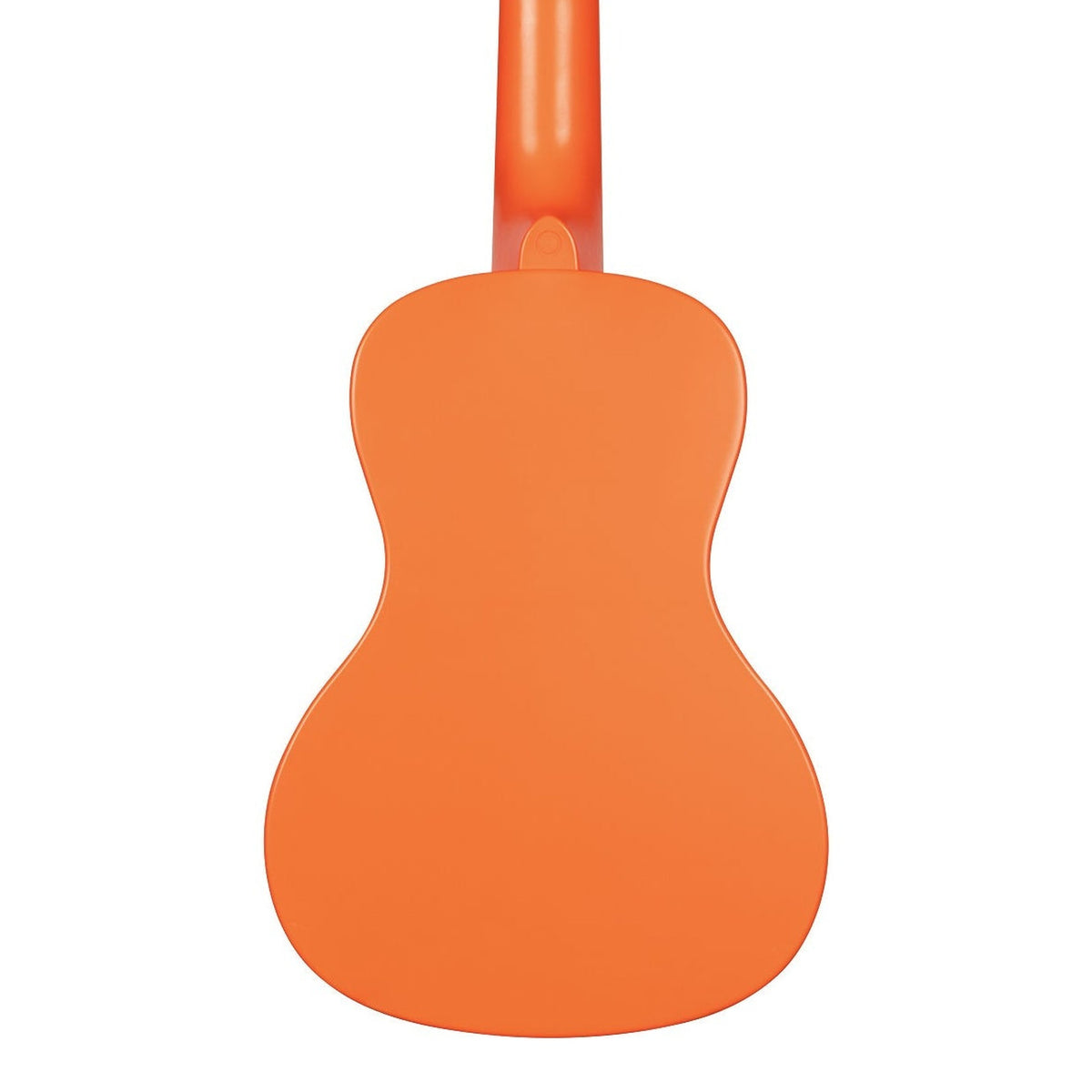 Kala KA-R-WMS-OR-C Sunset Orange concert ukulele body, back view showing the one-piece plastic back and the heel of the neck on a white background