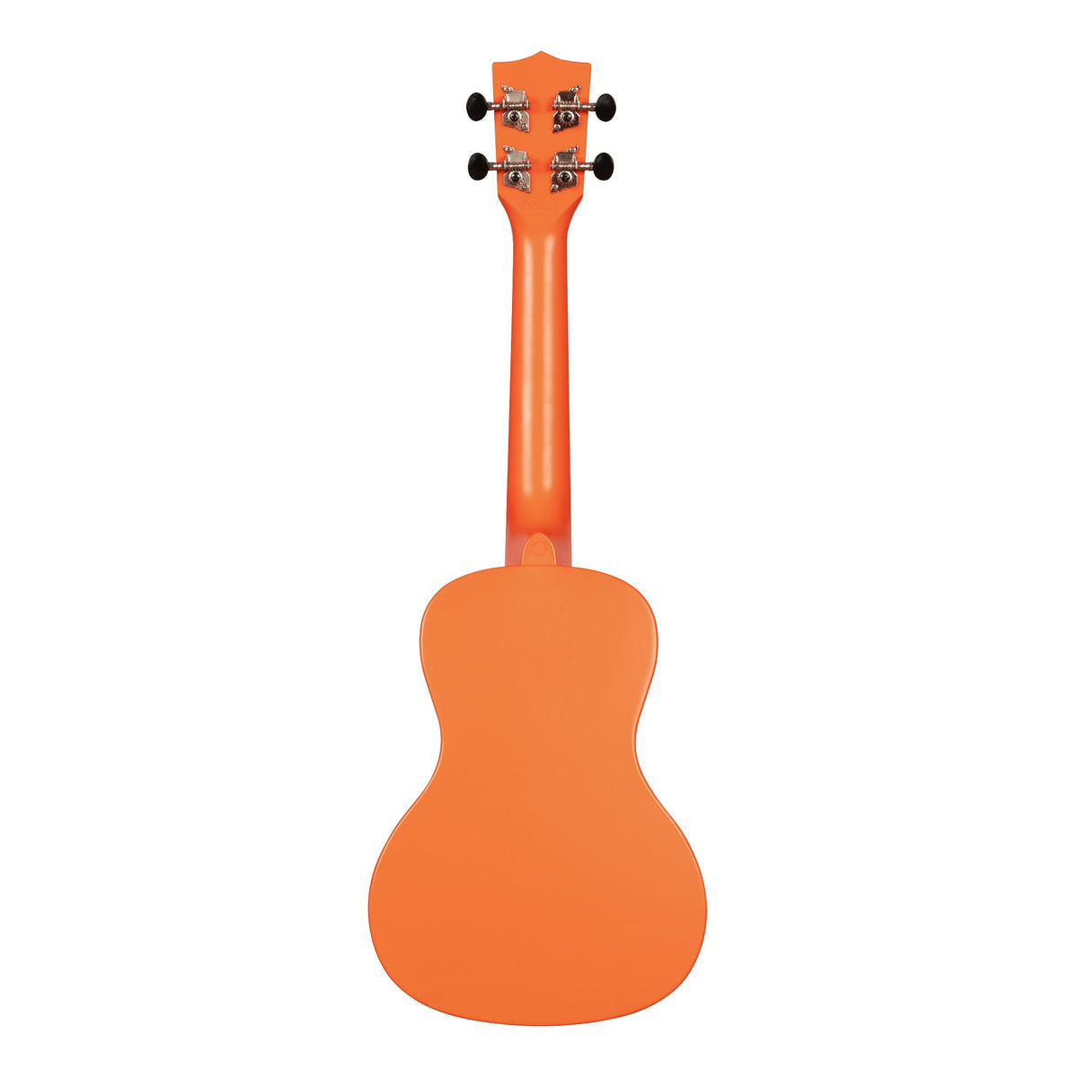 Back of the Kala KA-R-WMS-OR-C Sunset Orange concert ukulele, showing the one-piece plastic back and the rear of the tuners