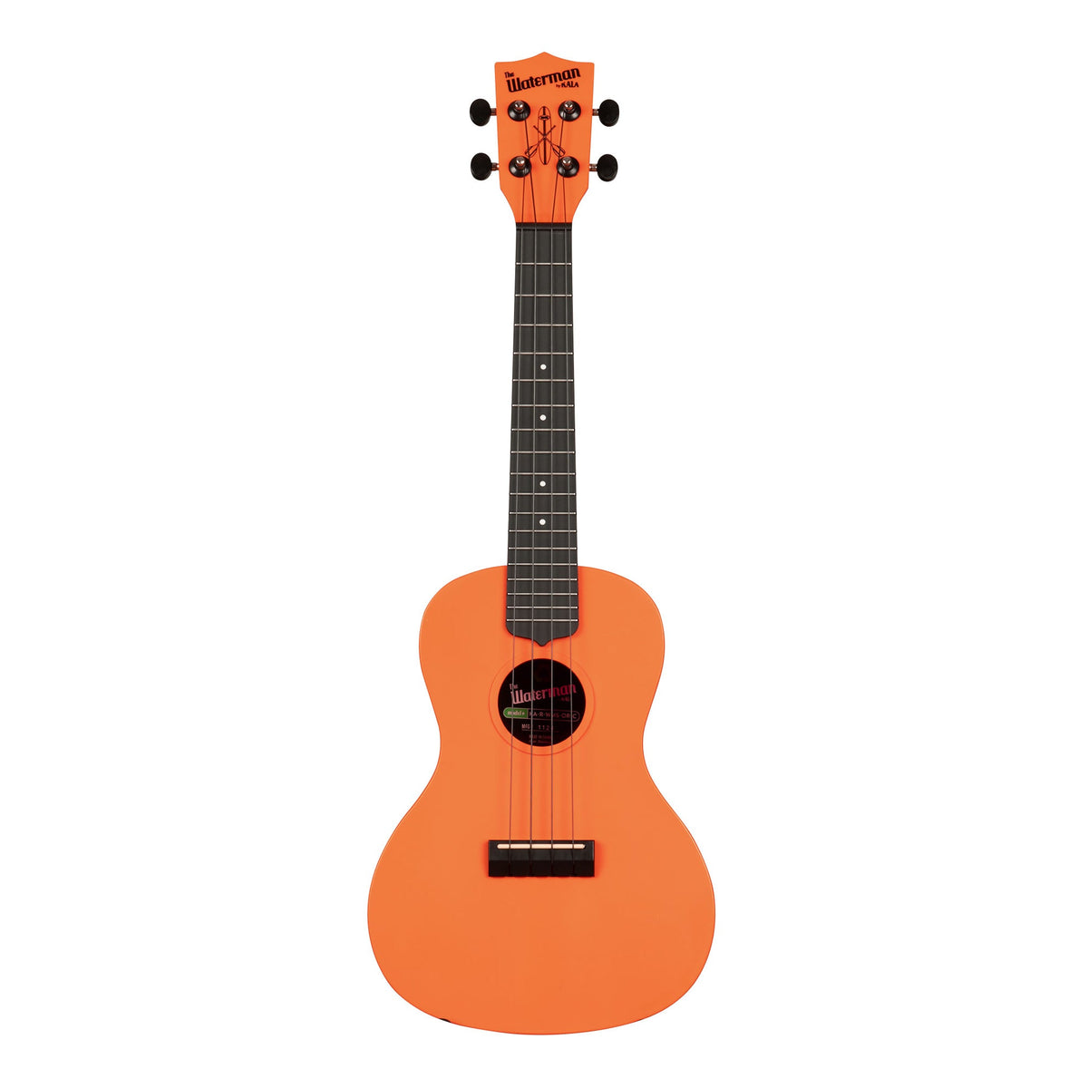 Front of the Kala KA-R-WMS-OR-C concert ukulele in matte sunset orange, with a dark fingerboard and black Aquila B-Black strings