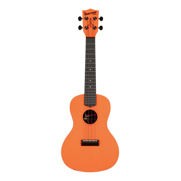 Front of the Kala KA-R-WMS-OR-C concert ukulele in matte sunset orange, with a dark fingerboard and black Aquila B-Black strings