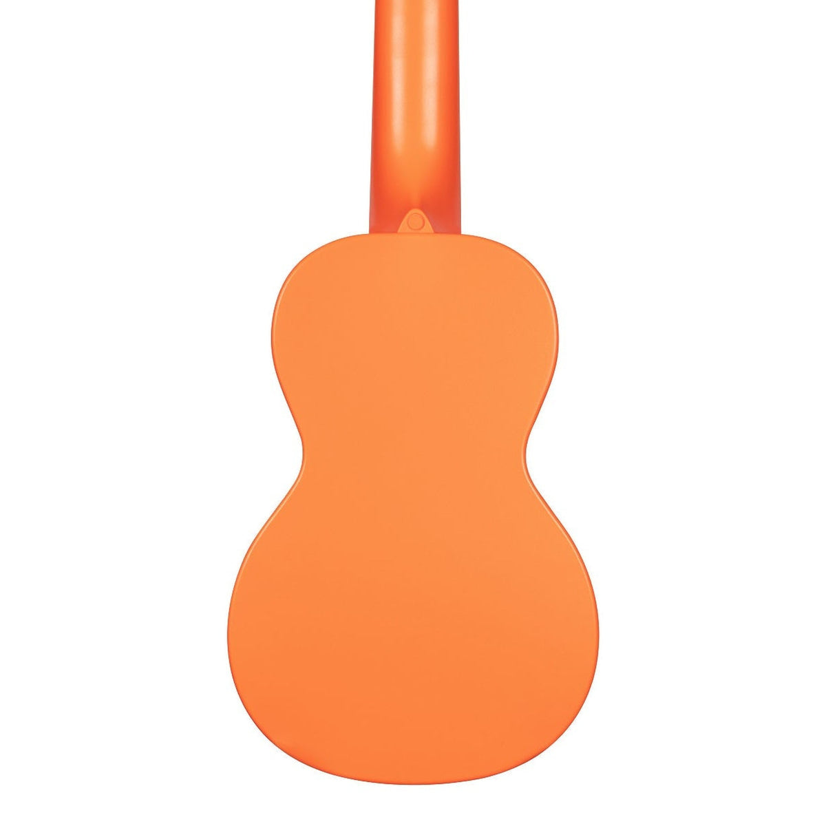 Kala KA-R-WMS-OR-S Sunset Orange soprano ukulele body, back view showing the one-piece plastic back and the heel of the neck on a white background