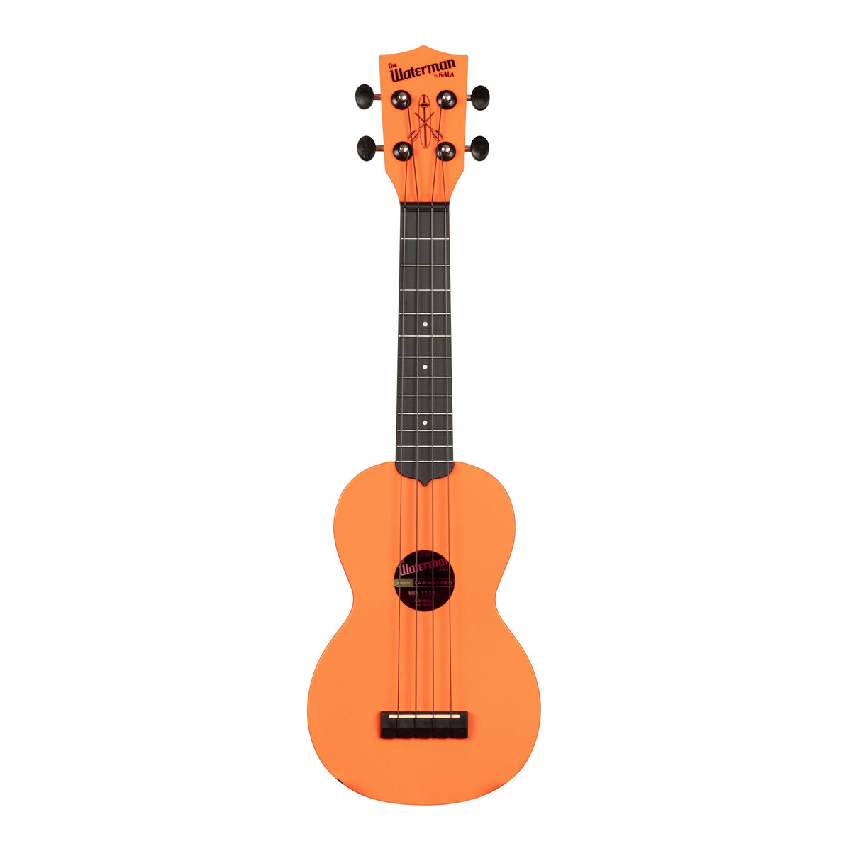 Front of the Kala KA-R-WMS-OR-S soprano ukulele in matte sunset orange, with a dark fingerboard and black Aquila B-Black strings