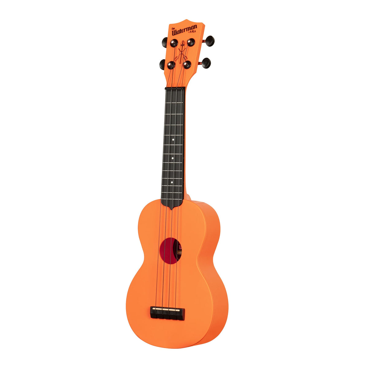 Kala KA-R-WMS-OR-S Sunset Orange soprano ukulele angled to the left, showing the soundhole, bridge and fingerboard