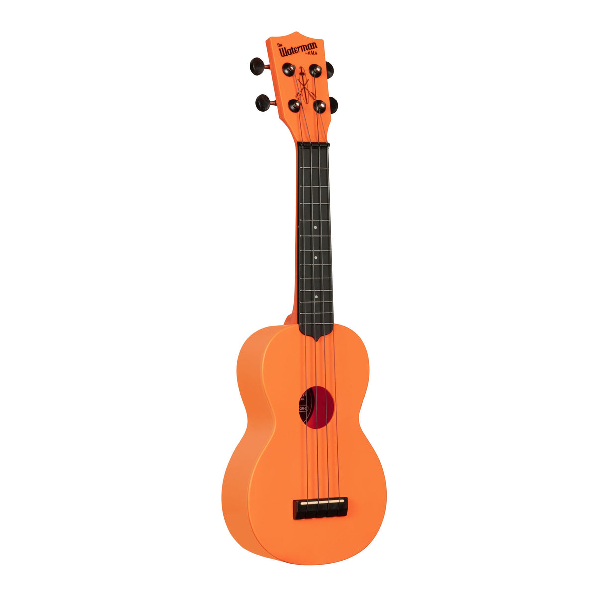 Kala KA-R-WMS-OR-S Sunset Orange soprano ukulele angled to the right, showing the body edge and Waterman logo headstock