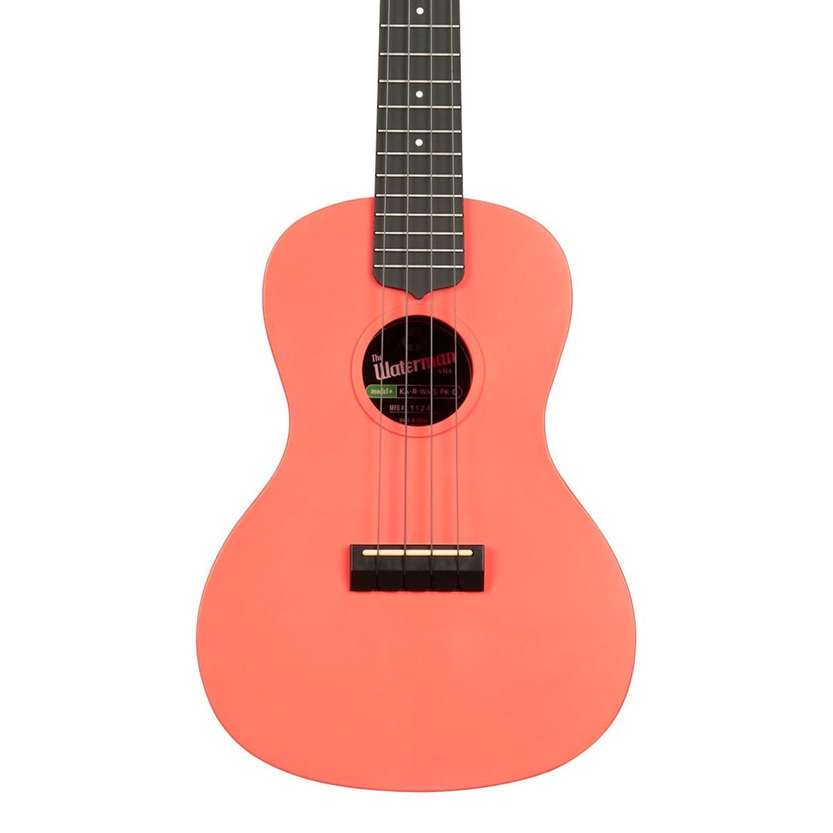 Kala KA-R-WMS-PK-C Pink Dusk concert ukulele body, front view showing the soundhole, bridge and lower fingerboard on a white background