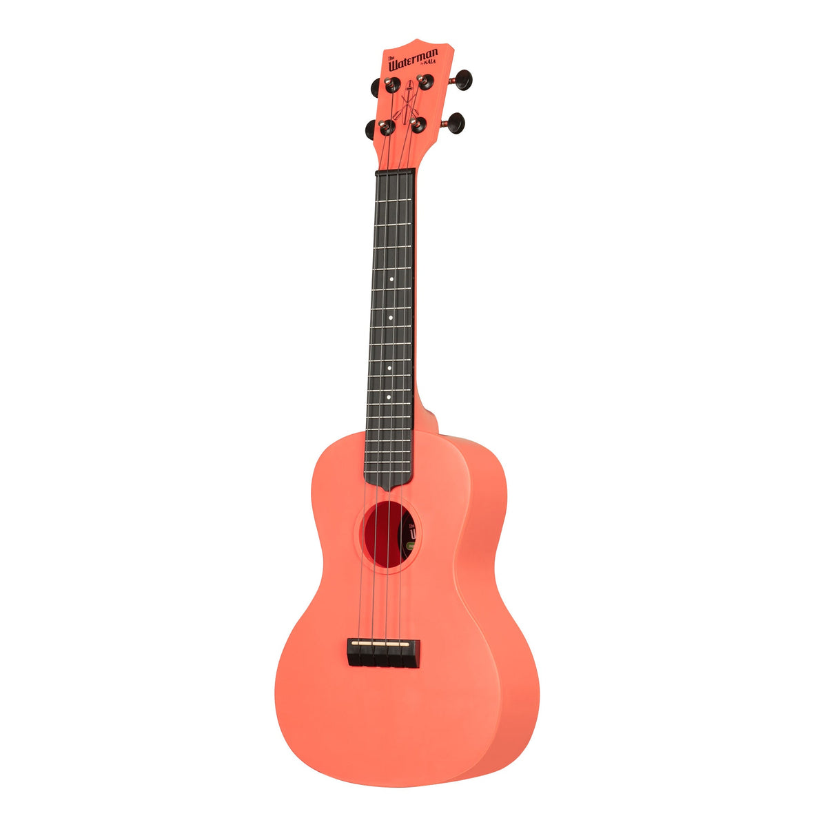 Kala KA-R-WMS-PK-C Pink Dusk concert ukulele angled to the left, showing the soundhole, bridge and fingerboard