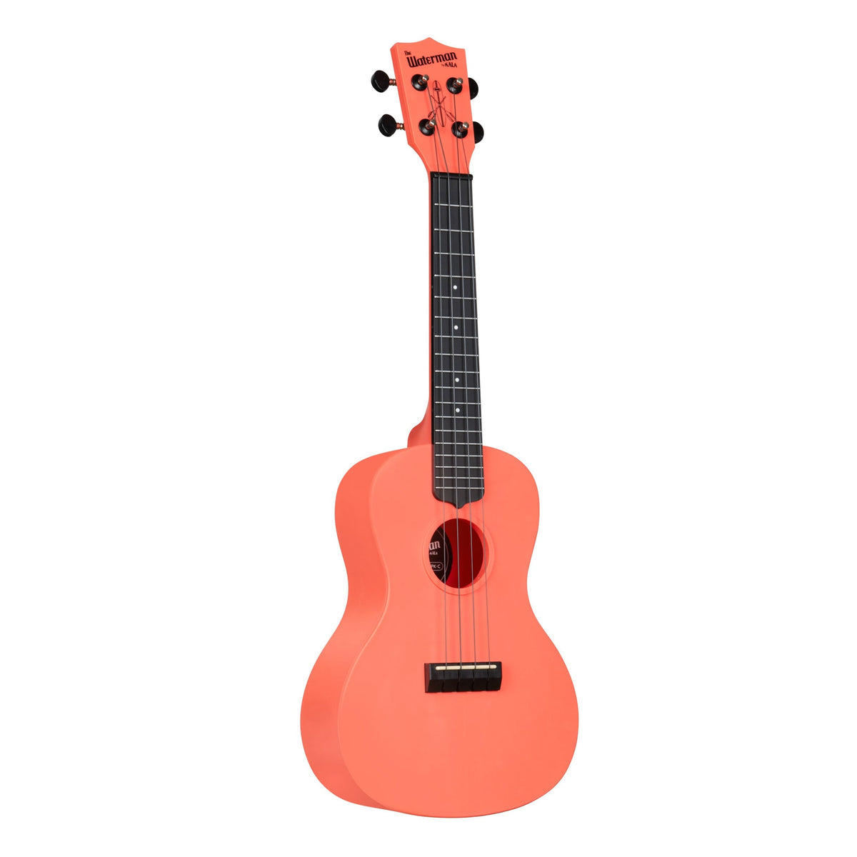 Kala KA-R-WMS-PK-C Pink Dusk concert ukulele angled to the right, showing the body edge and Waterman logo headstock