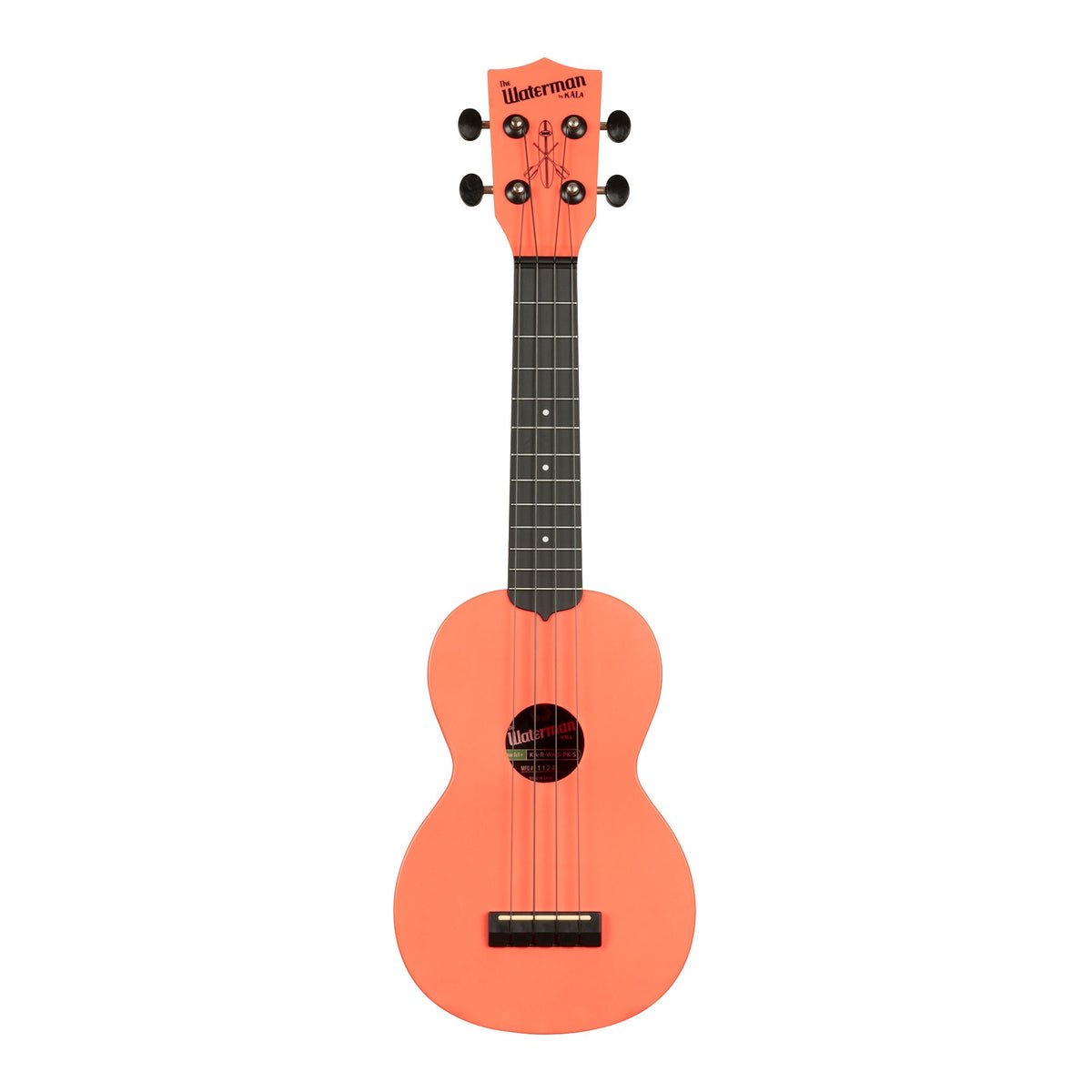 Front of the Kala KA-R-WMS-PK-S soprano ukulele in matte pink dusk, with a dark fingerboard and black Aquila B-Black strings