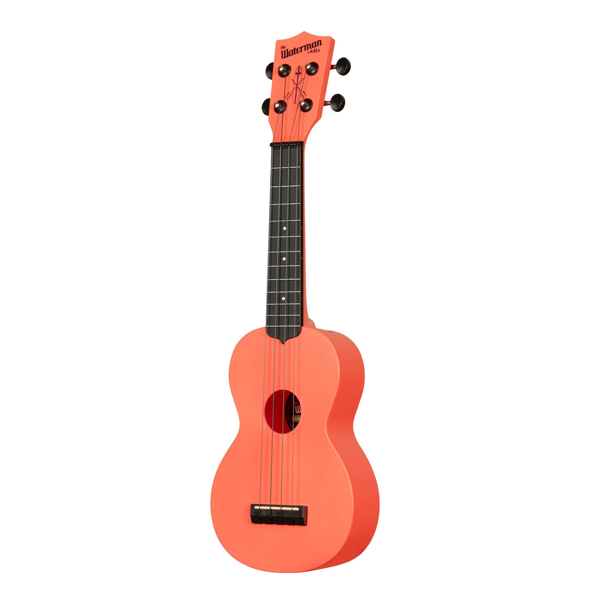 Kala KA-R-WMS-PK-S Pink Dusk soprano ukulele angled to the left, showing the soundhole, bridge and fingerboard
