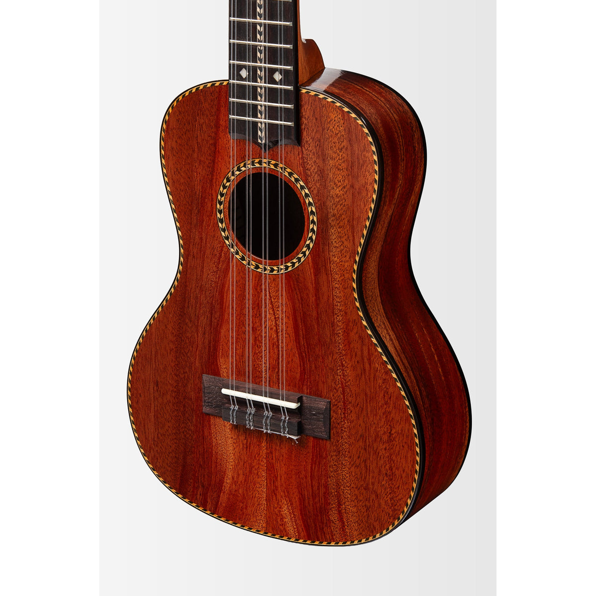 Angled view of the Kala KA-TARO-ASMH-C body showing rope purfling and satin mahogany sides