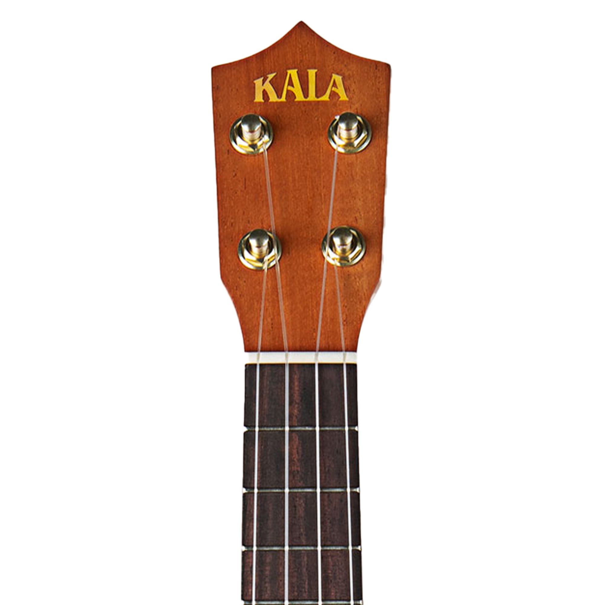 Close-up of a Kala ukulele headstock with four gold tuning pegs and strings, set against a plain white background.