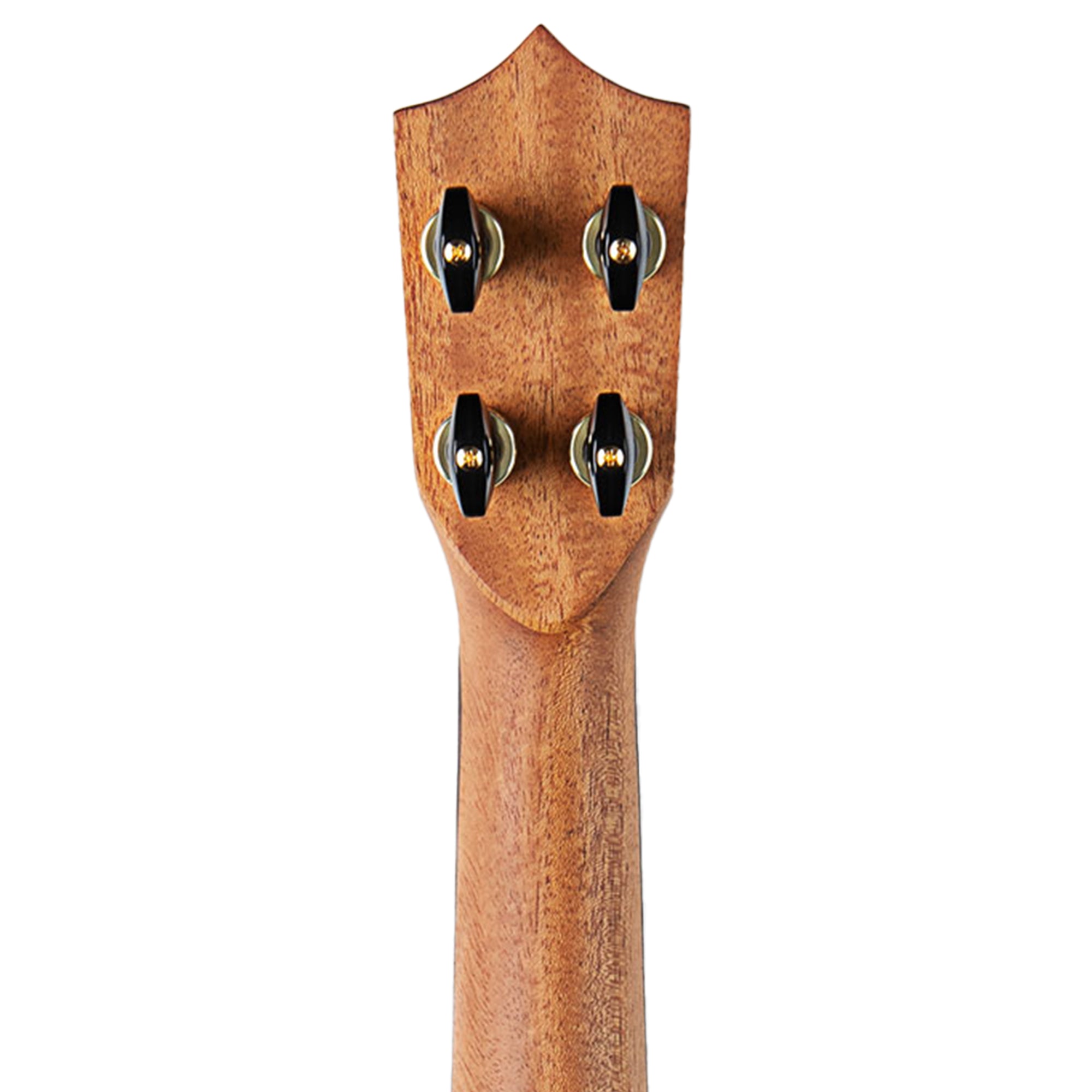 Close-up of the headstock of a wooden ukulele, showing four black and silver tuning pegs on a natural brown wood grain background.