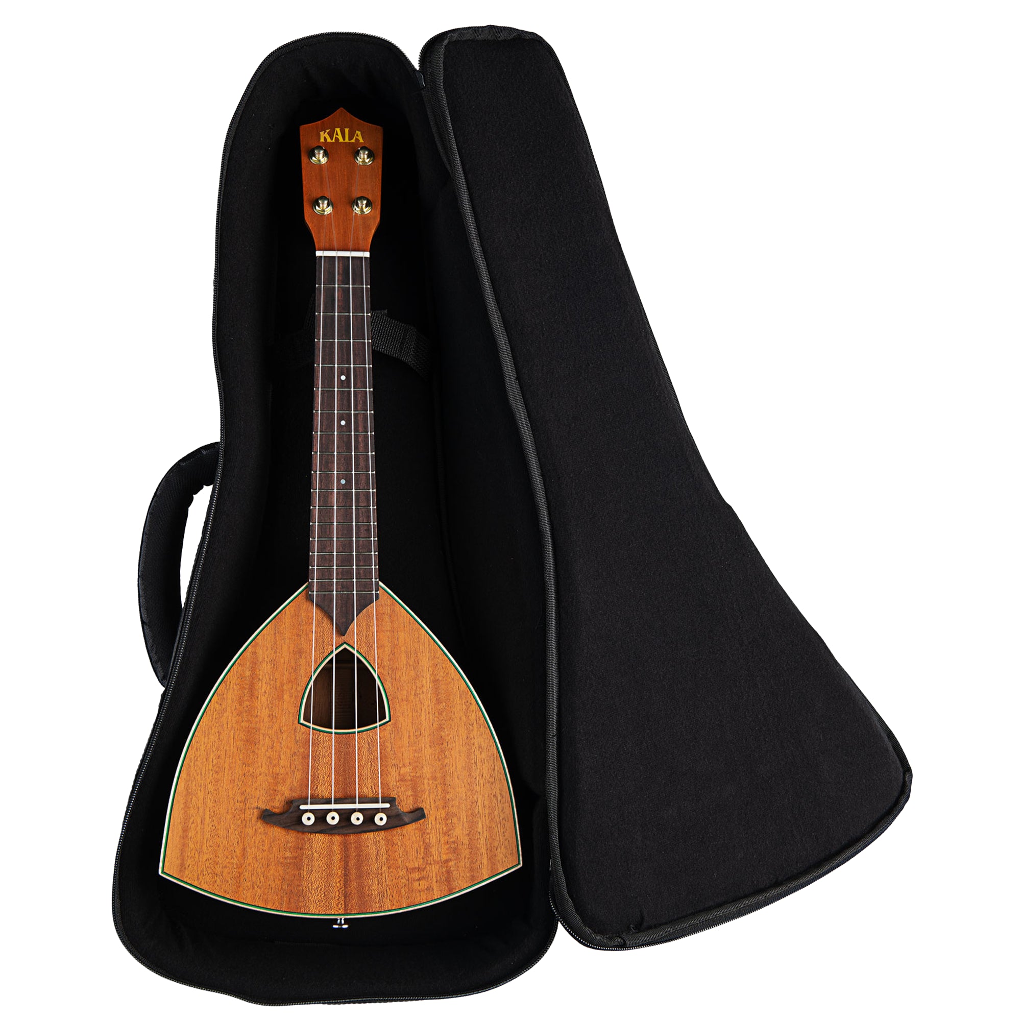 A Kala mandolin with a natural wood body and dark neck, displayed inside an open black hard case next to its closed side on a white background.