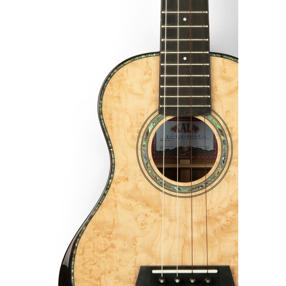 Kala KA-WCW-BMP-TXL body front close-up, pale solid birdseye maple top with abalone rosette and ebony bridge