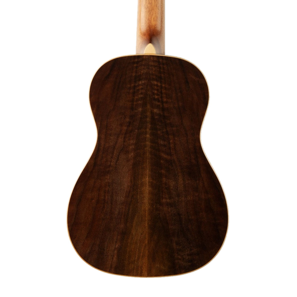 Kala WCW-WAL-B baritone ukulele body back with heel and neck, showing the figured solid walnut back and maple binding