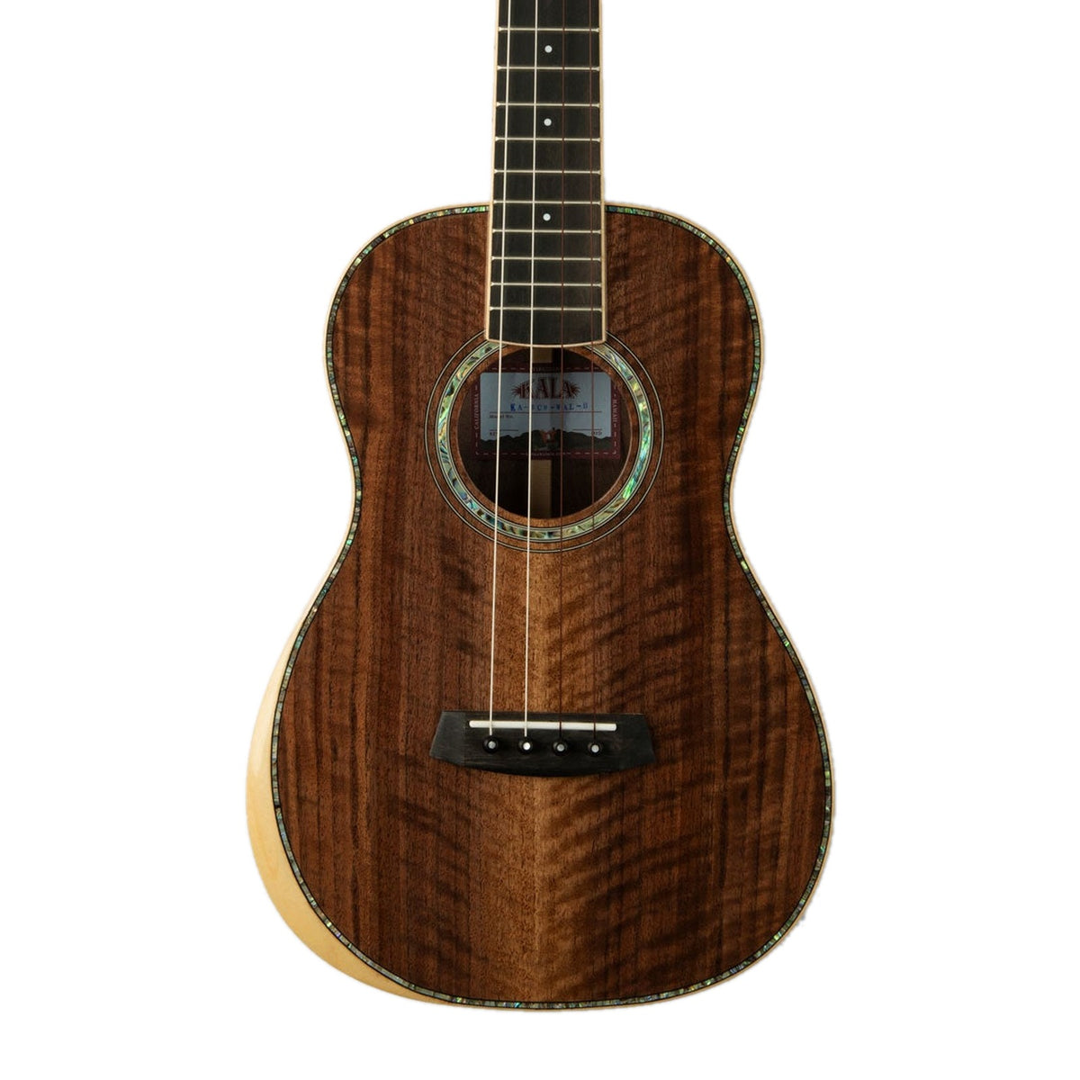 Kala WCW-WAL-B baritone ukulele body front with some fretboard, showing the figured solid walnut top, abalone rosette and bridge