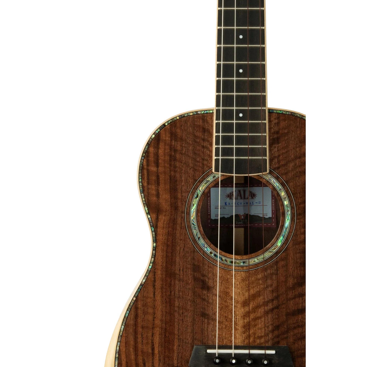 Close-up of the Kala WCW-WAL-B top, showing the figured walnut grain and abalone ringed soundhole