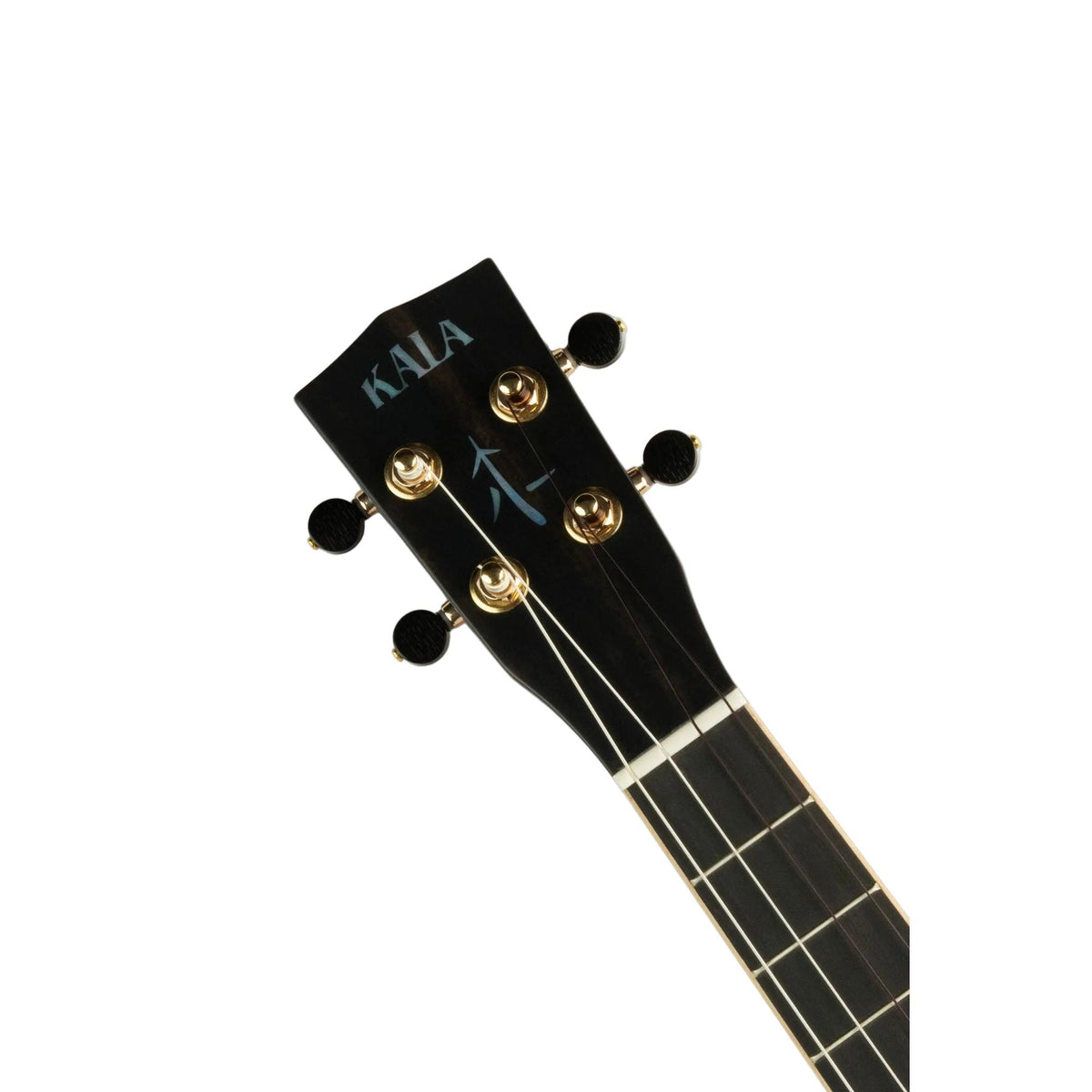 Headstock of the Kala WCW-WAL-B with KALA logo, tree inlay and gold tuners