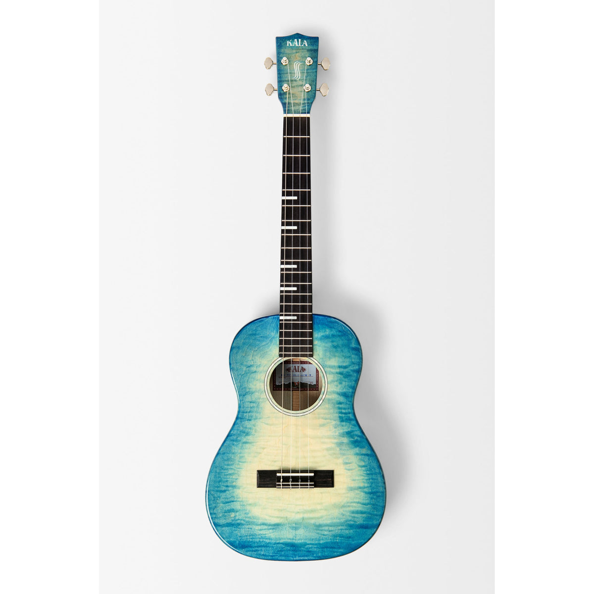 Full front view of the Kala KA-WF-BLU-AFM-B blue flame maple baritone ukulele