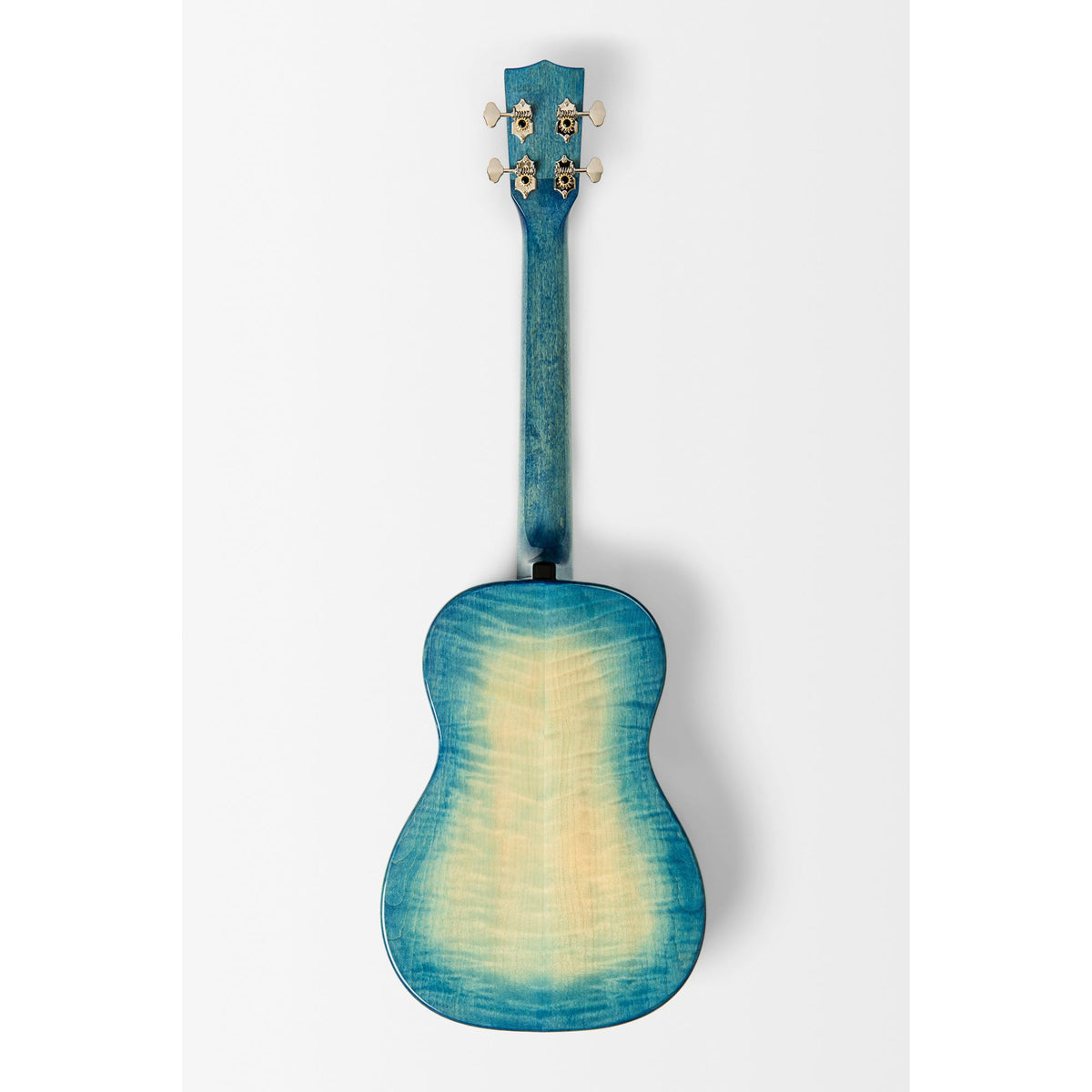 Back of the Kala KA-WF-BLU-AFM-B showing the blue burst flame maple back and maple neck