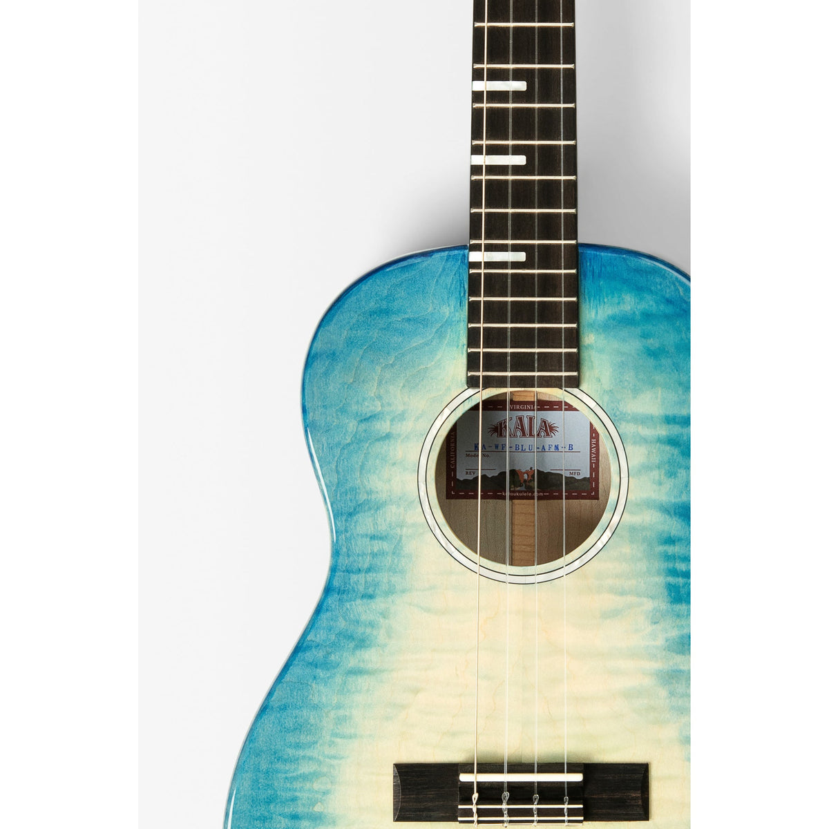 Kala KA-WF-BLU-AFM-B body front close-up, blue burst flame maple top with mother-of-pearl rosette