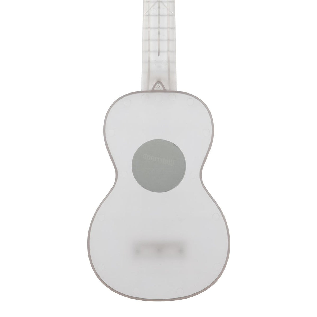 Kala KA-WMT-CL-S Frosted Glass Transparent soprano ukulele body, back view showing the one-piece plastic back and the heel of the neck on a white background