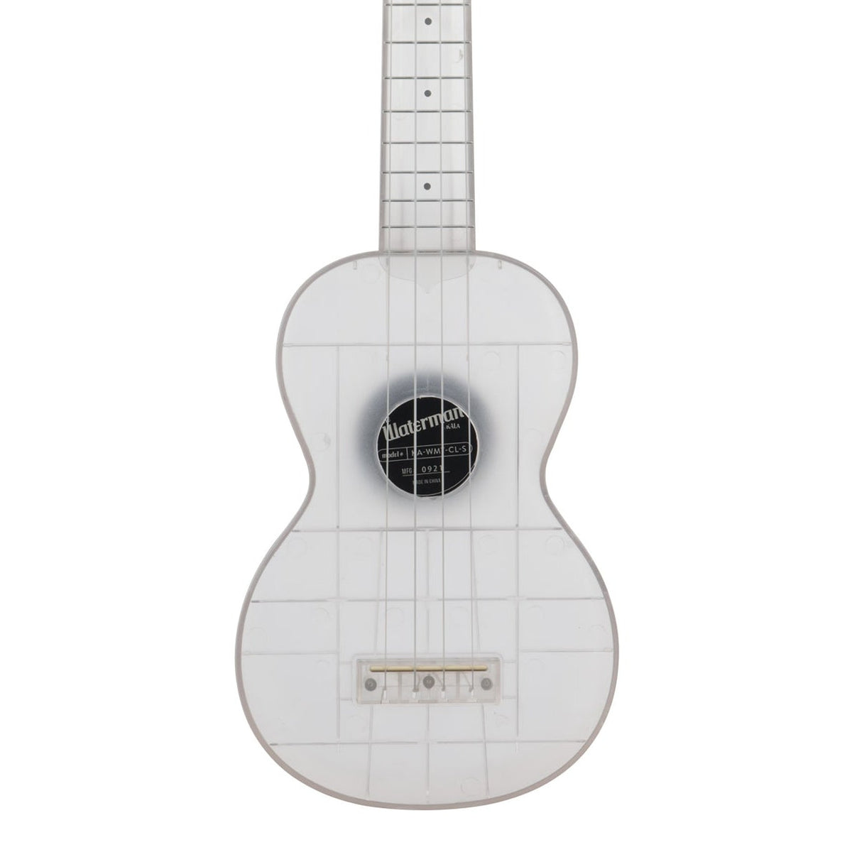 Kala KA-WMT-CL-S Frosted Glass Transparent soprano ukulele body, front view showing the soundhole, bridge and lower fingerboard on a white background
