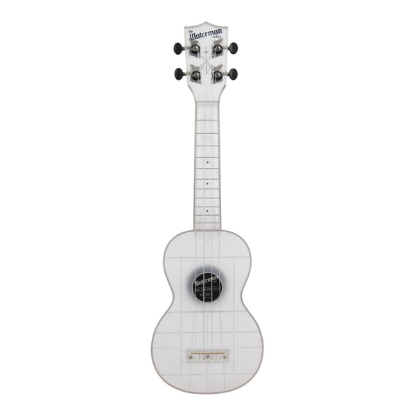 Front of the Kala KA-WMT-CL-S soprano ukulele in gloss frosted glass transparent, with a see-through fingerboard and white Aquila Super Nylgut strings