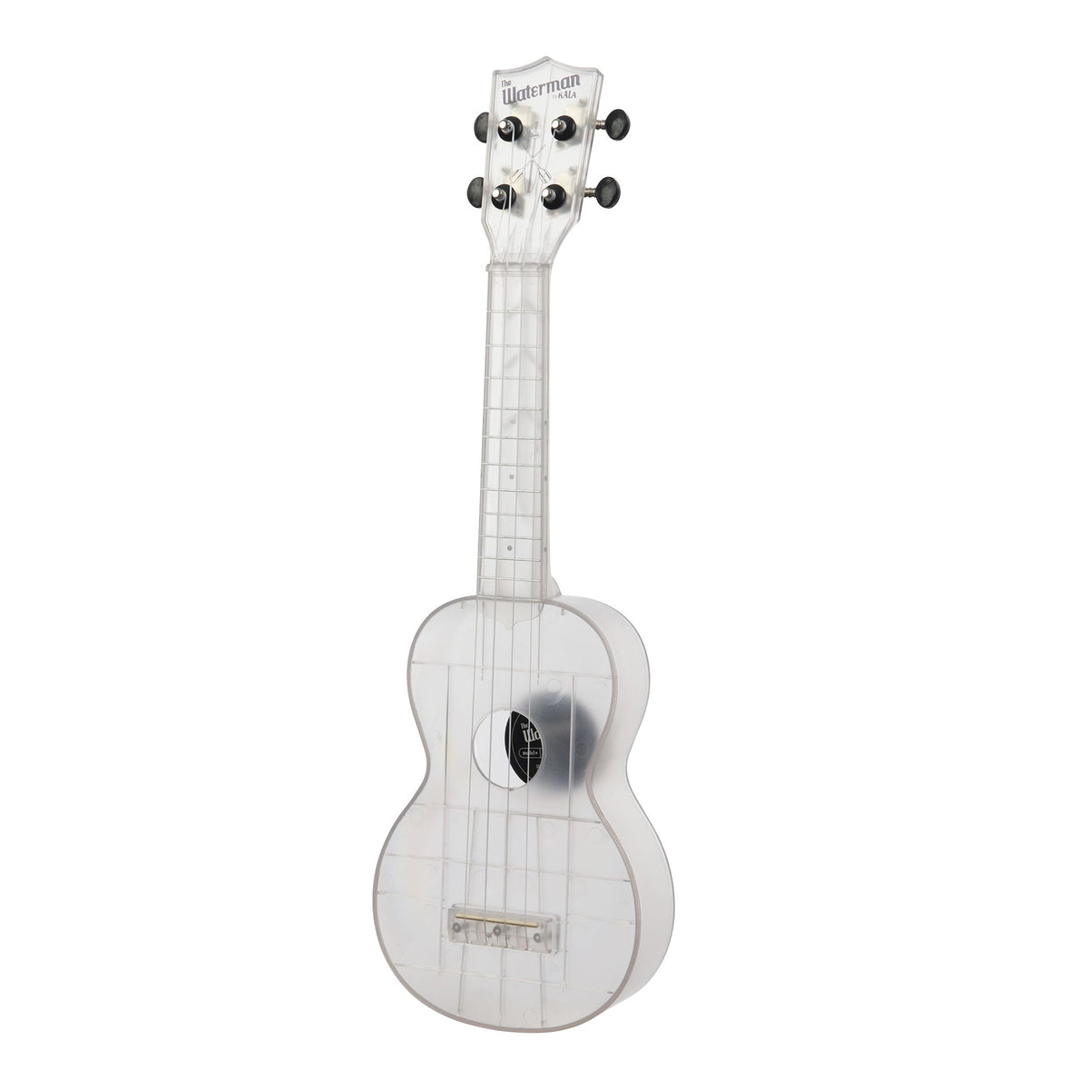 Kala KA-WMT-CL-S Frosted Glass Transparent soprano ukulele angled to the left, showing the soundhole, bridge and fingerboard