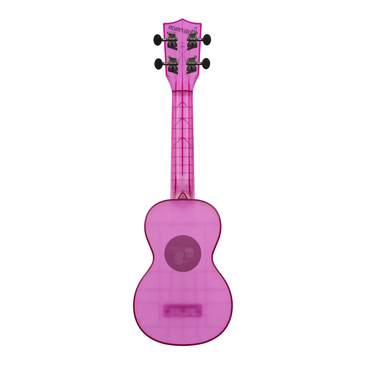 Back of the Kala KA-WMT-PL-S Amethyst Purple Transparent soprano ukulele, showing the one-piece plastic back and the rear of the tuners