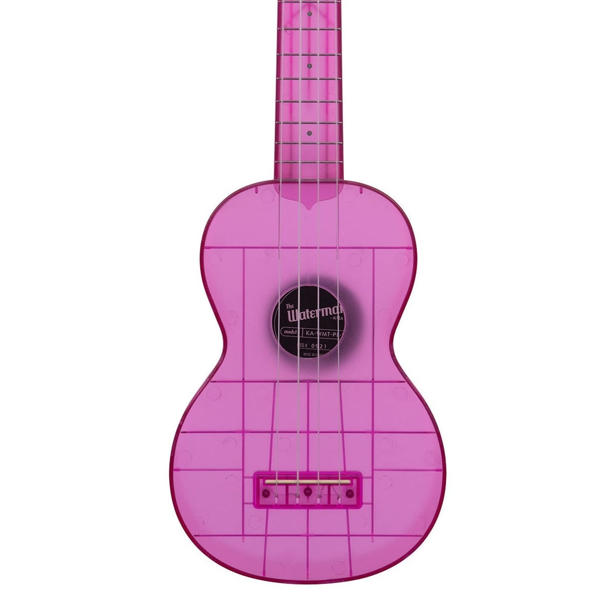 Kala KA-WMT-PL-S Amethyst Purple Transparent soprano ukulele body, front view showing the soundhole, bridge and lower fingerboard on a white background