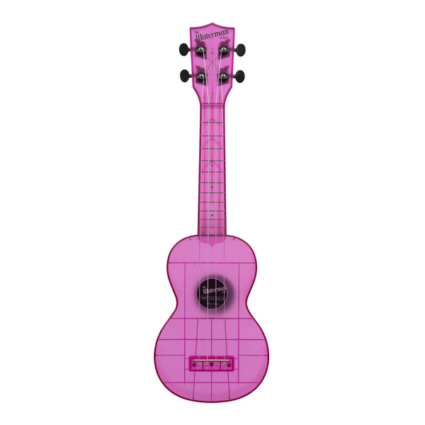 Front of the Kala KA-WMT-PL-S soprano ukulele in gloss amethyst purple transparent, with a see-through fingerboard and white Aquila Super Nylgut strings
