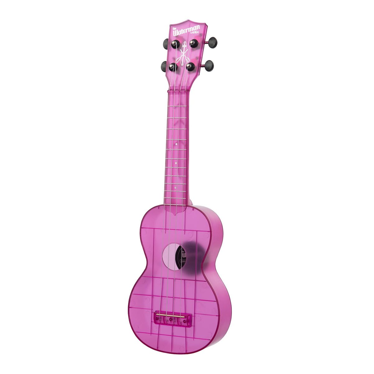 Kala KA-WMT-PL-S Amethyst Purple Transparent soprano ukulele angled to the left, showing the soundhole, bridge and fingerboard