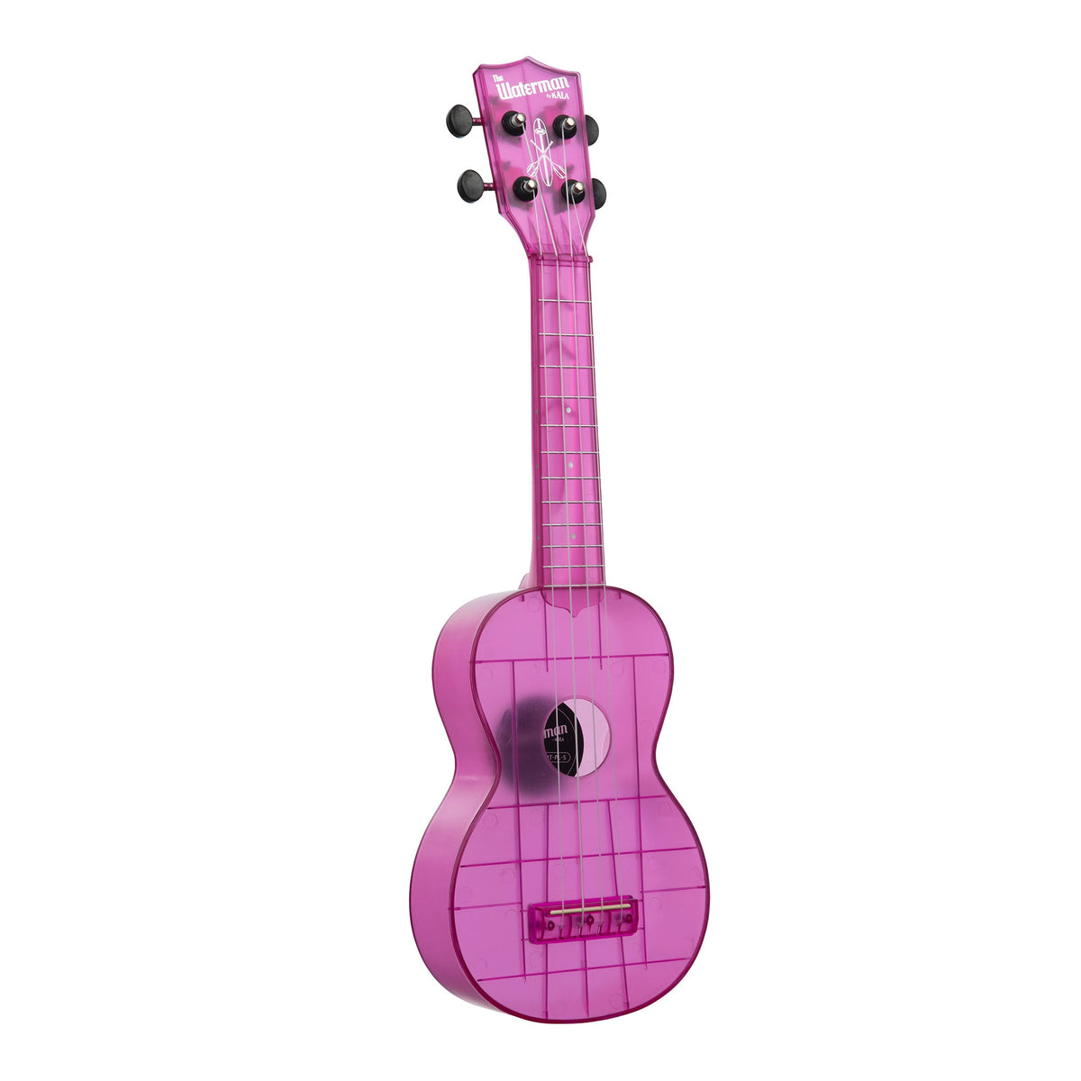 Kala KA-WMT-PL-S Amethyst Purple Transparent soprano ukulele angled to the right, showing the body edge and Waterman logo headstock