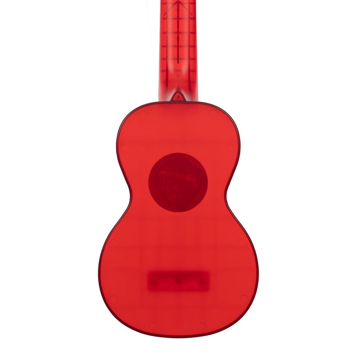 Kala KA-WMT-RD-S Maritime Red Transparent soprano ukulele body, back view showing the one-piece plastic back and the heel of the neck on a white background