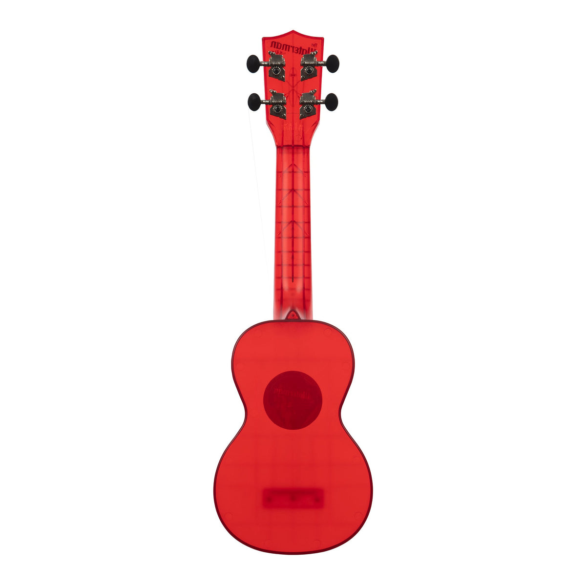 Back of the Kala KA-WMT-RD-S Maritime Red Transparent soprano ukulele, showing the one-piece plastic back and the rear of the tuners