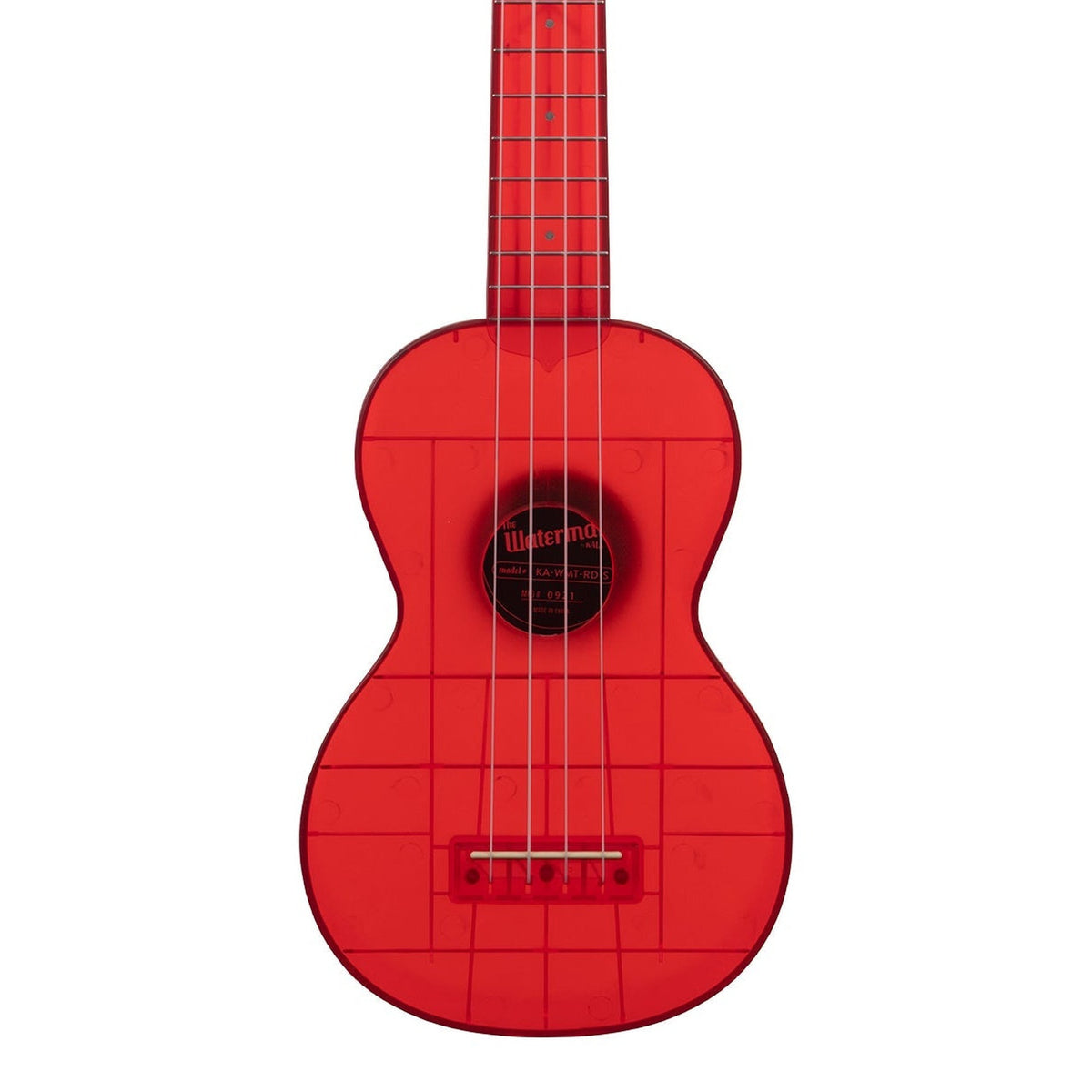 Kala KA-WMT-RD-S Maritime Red Transparent soprano ukulele body, front view showing the soundhole, bridge and lower fingerboard on a white background