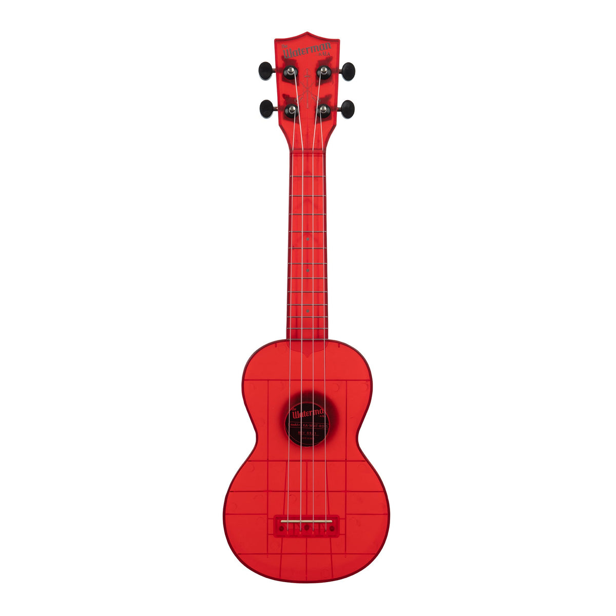 Front of the Kala KA-WMT-RD-S soprano ukulele in gloss maritime red transparent, with a see-through fingerboard and white Aquila Super Nylgut strings