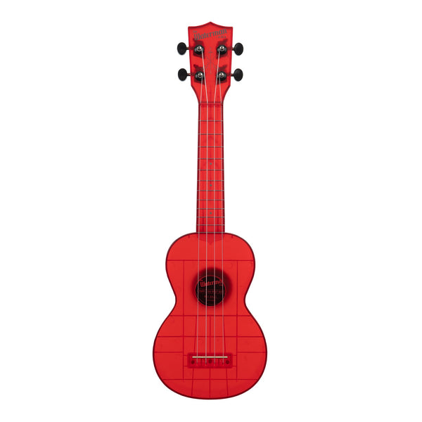 Front of the Kala KA-WMT-RD-S soprano ukulele in gloss maritime red transparent, with a see-through fingerboard and white Aquila Super Nylgut strings