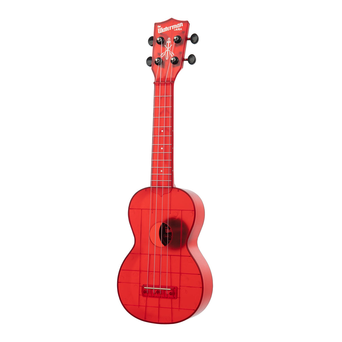 Kala KA-WMT-RD-S Maritime Red Transparent soprano ukulele angled to the left, showing the soundhole, bridge and fingerboard
