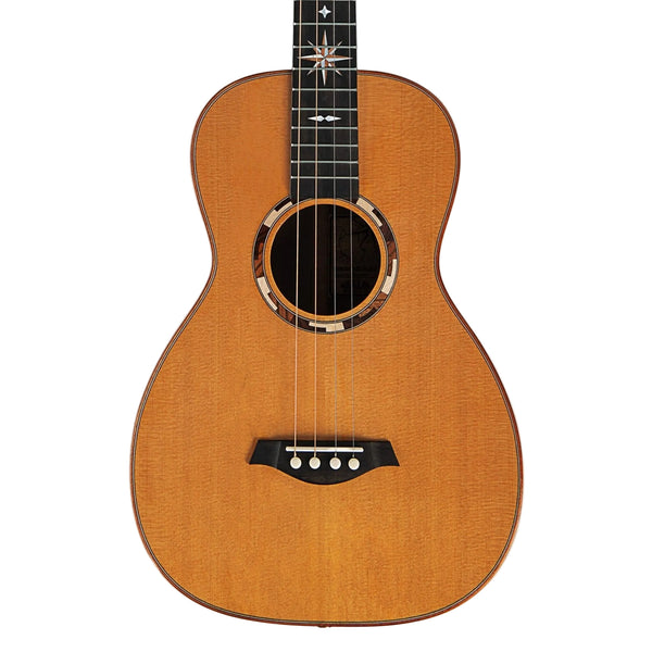 Front of the Kala KA-WP-CA-GB-E Waypoint grand baritone ukulele, solid cedar top with compass star fretboard inlay and ebony bridge