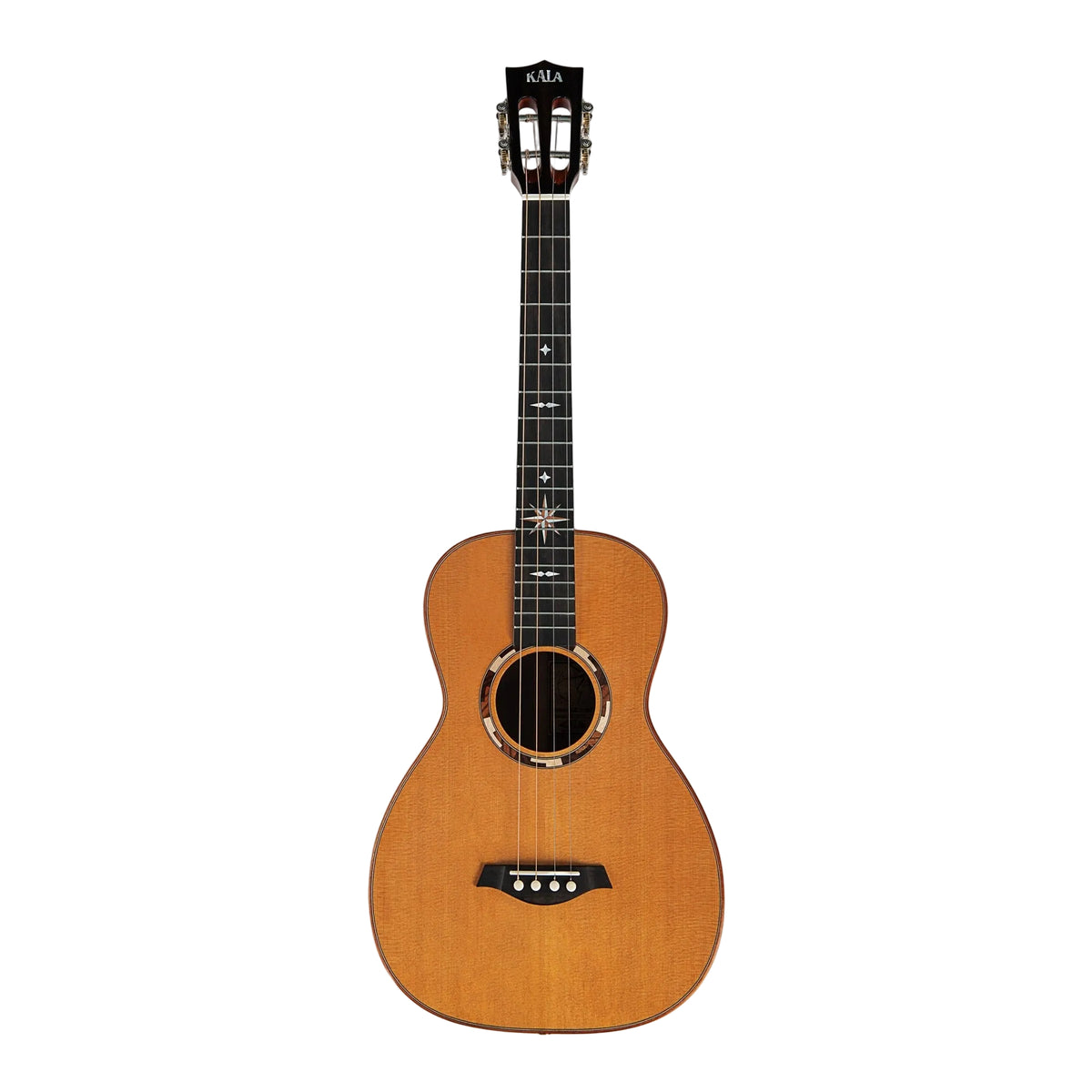 Full front view of the Kala KA-WP-CA-GB-E Waypoint cedar and acacia grand baritone ukulele