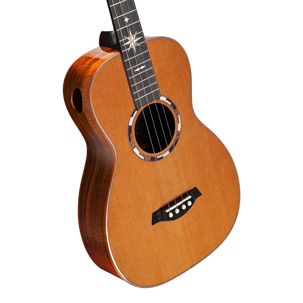 Angled view of the Kala KA-WP-CA-GB-E showing the cedar top and gloss acacia sides
