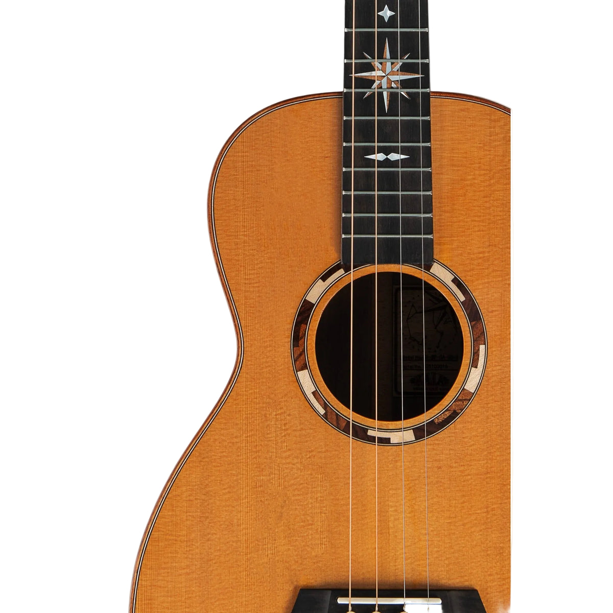 Kala KA-WP-CA-GB-E body close-up, solid cedar top with acacia, maple and rosewood rosette
