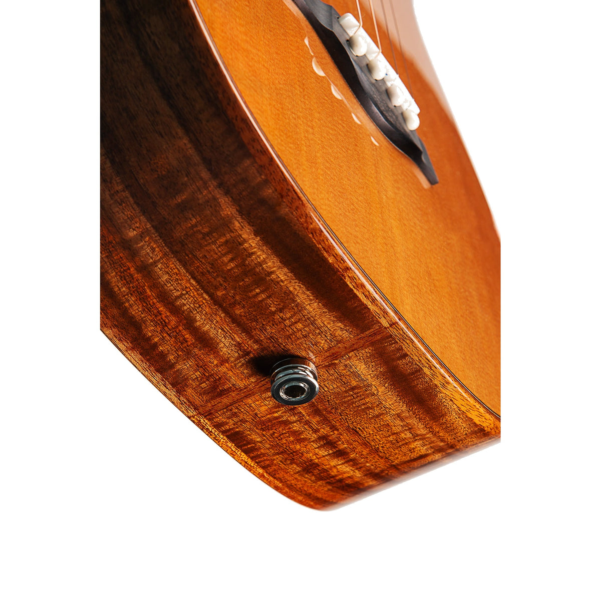 Kala KA-WP-CA-GB-E output jack at the tail of the figured acacia body