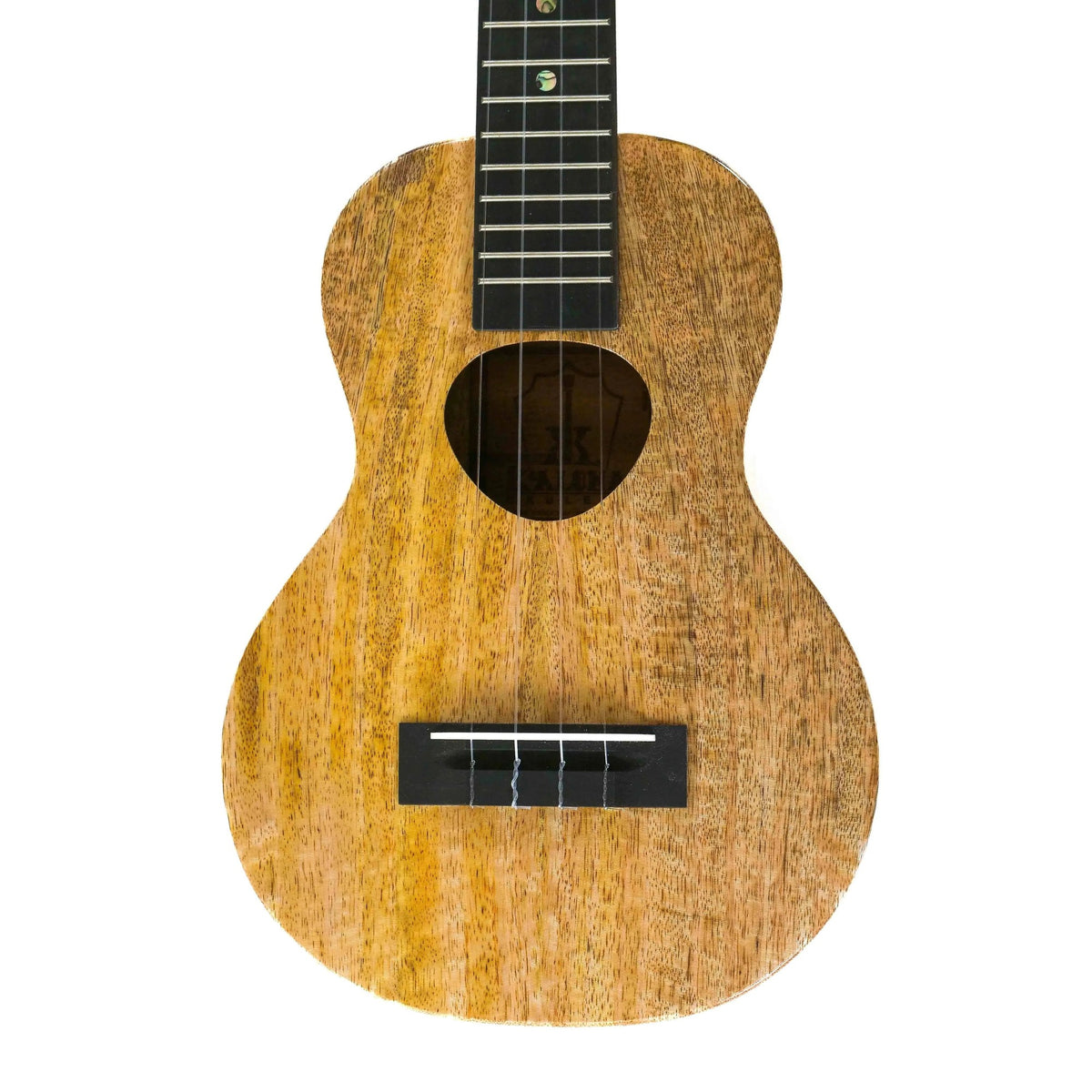 Example photo: front of the body of an earlier KoAloha KCM-00MG gloss solid mango concert ukulele, with the Musubi soundhole, ebony bridge and part of the fretboard