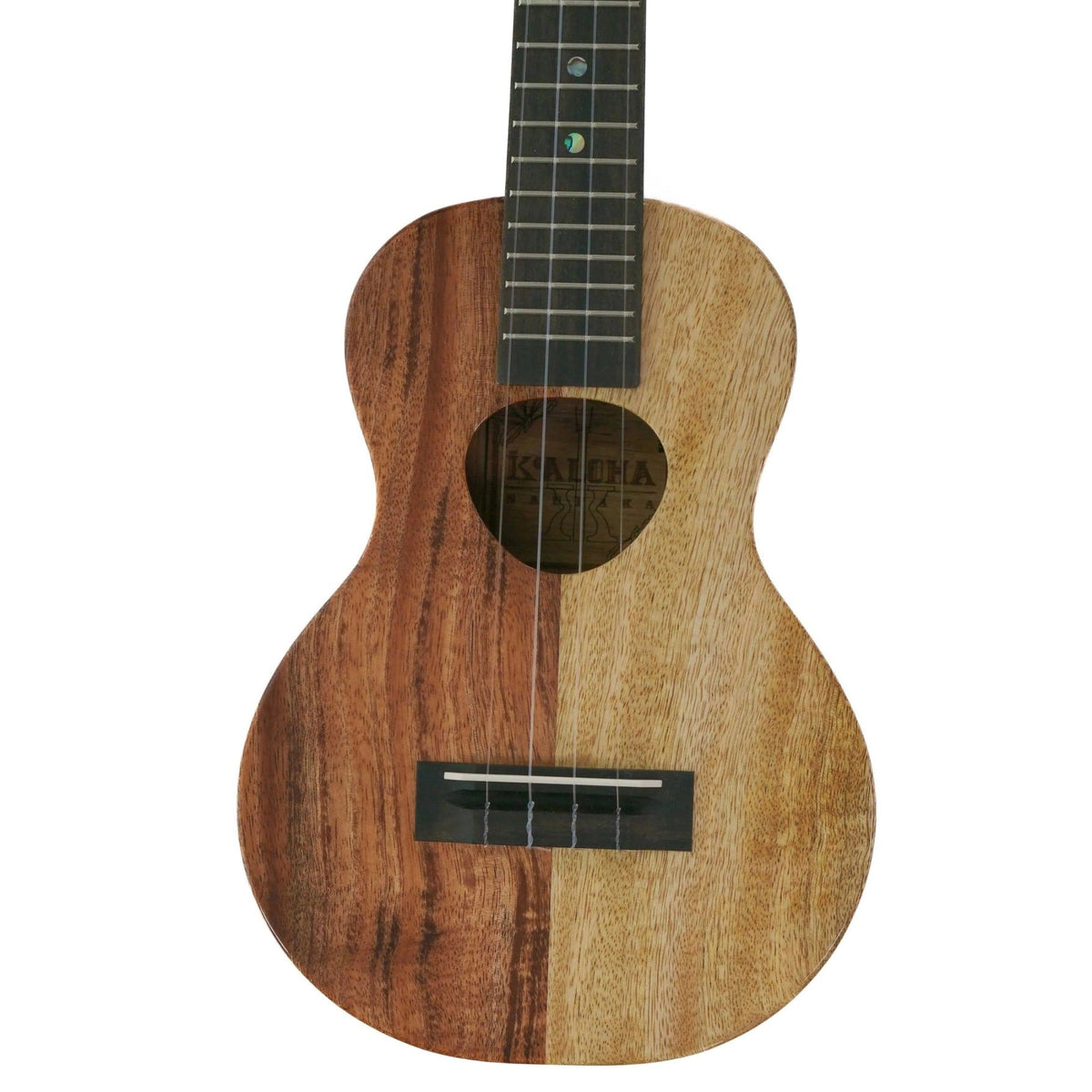 Example photo: front of the body of an earlier KoAloha KCNP-00 gloss Naupaka concert ukulele in koa and mango, with the Musubi soundhole, ebony bridge and part of the fretboard