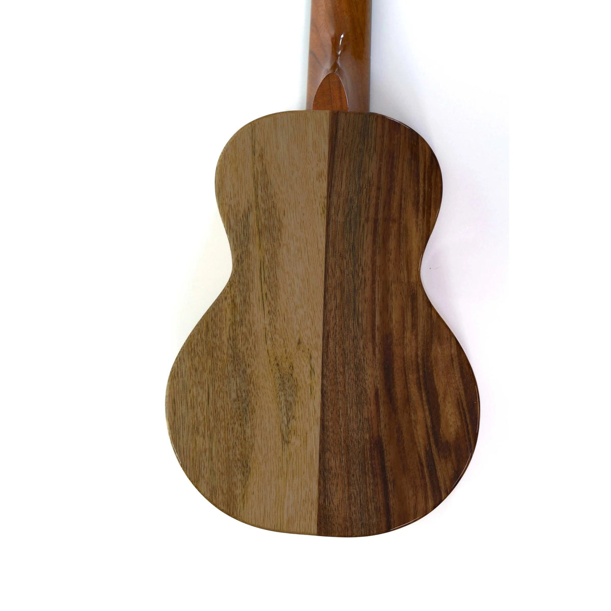 Example photo: back of the body of an earlier KoAloha KCNP-00 gloss Naupaka concert ukulele in koa and mango