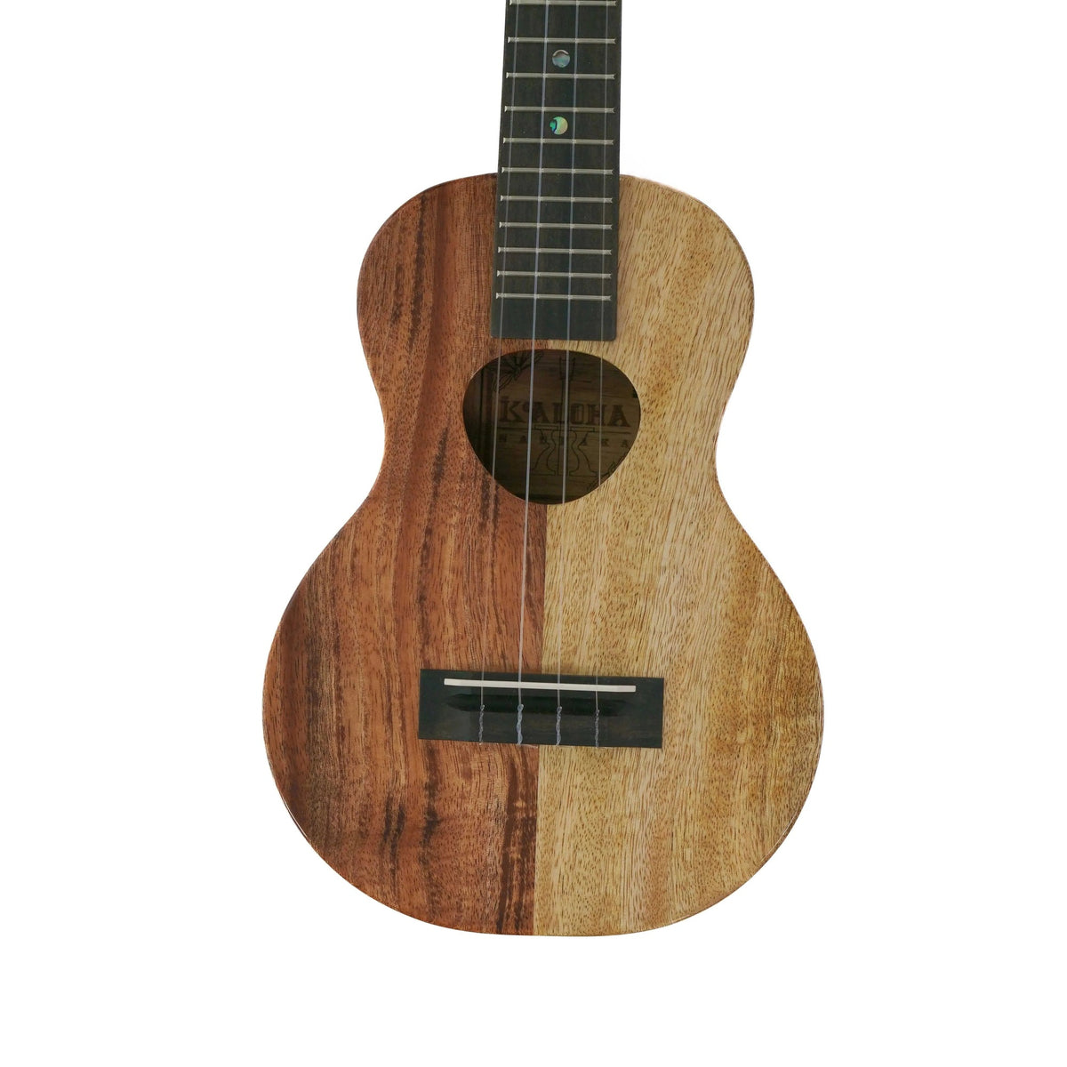 Example photo: front of the body of a KoAloha KCNP-00, the gloss version of the KCNP-10 Naupaka concert in koa and mango, with the Musubi soundhole, ebony bridge and part of the fretboard